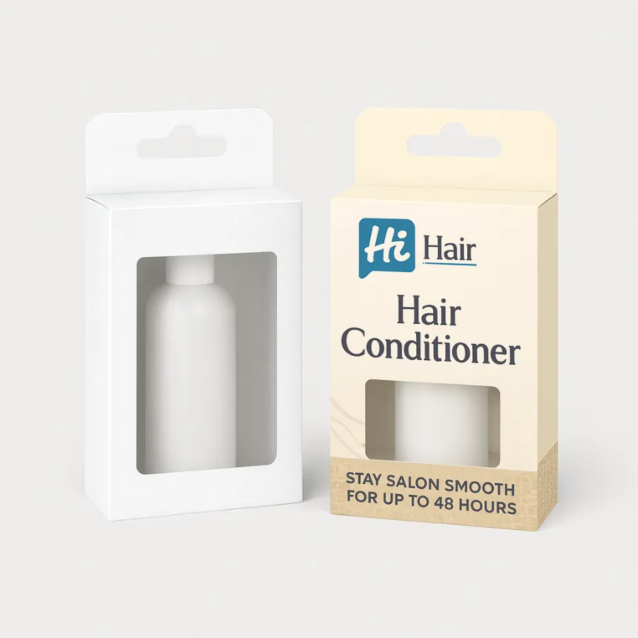 Two hanging retail boxes with windows- showing a conditioner bottle inside and -Stay Salon Smooth- text- class=